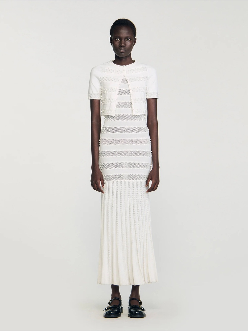 Sandro White Knit Maxi Dress with Short Cardigan Overlay
